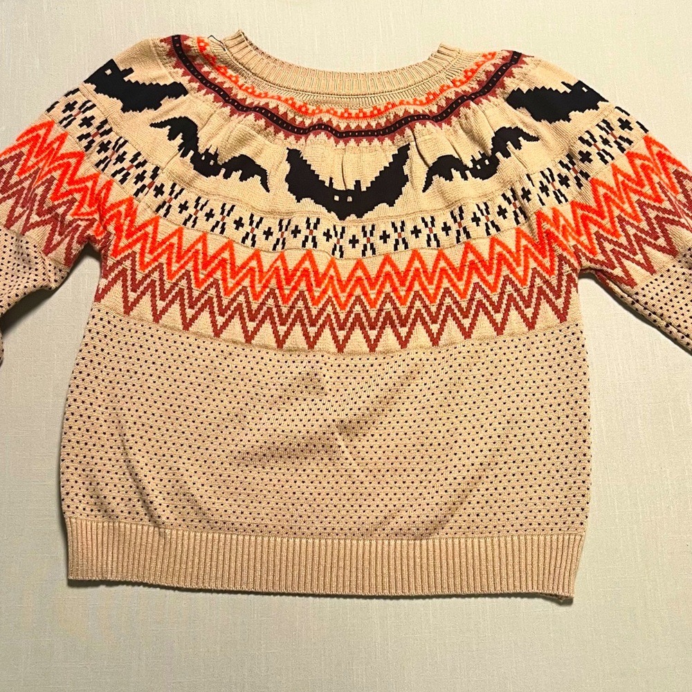 Cream Crewneck Sweater with Black Bat and Orange Fair Isle